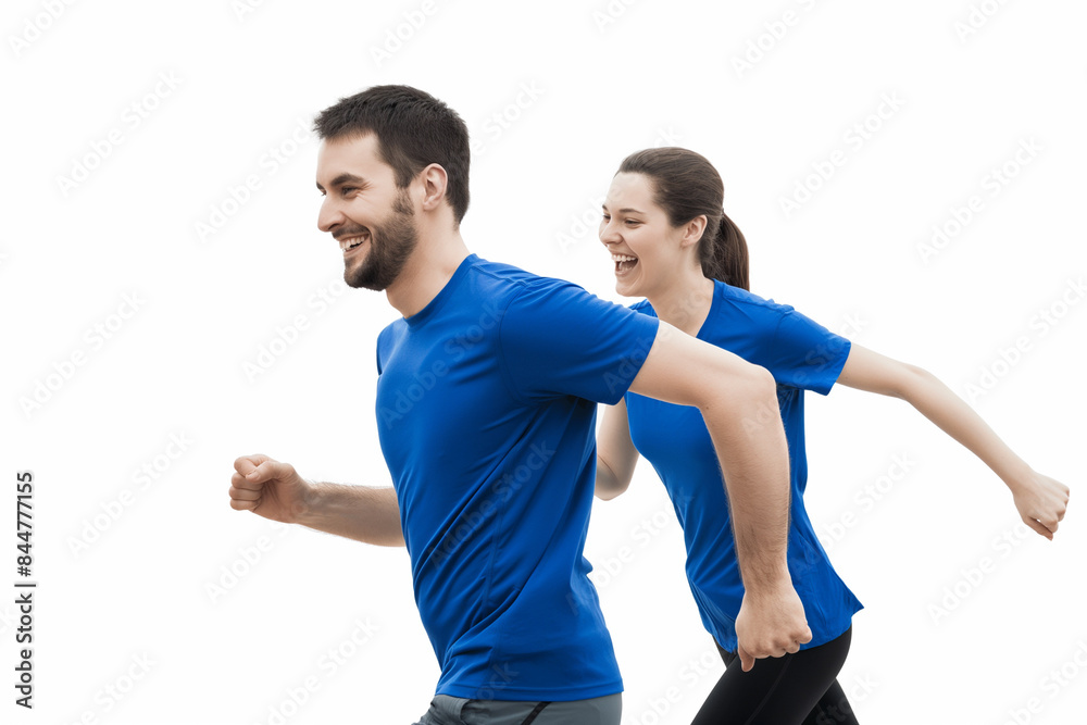 Full length shot of a young man and woman in sportswear running together isolated on white background Full length shot of a young man and woman in sportswear running together isolated on white background
