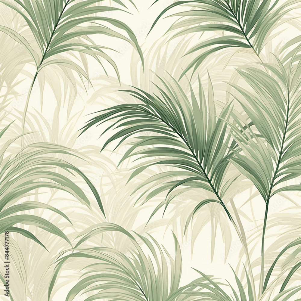 A seamless pattern of light green palm leaves, their delicate silhouettes blending seamlessly with the background in soft shades of cream and beige. A seamless pattern of light green palm leaves, their delicate silhouettes blending seamlessly with the background in soft shades of cream and beige.