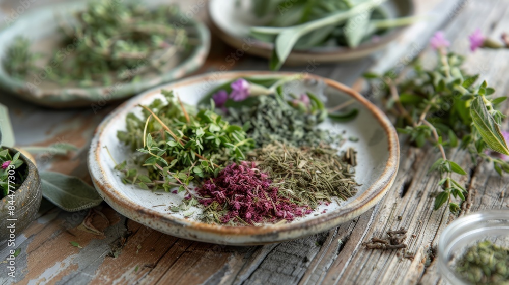 Combine fresh and dried herbs on the plate, showing different states and textures of the herbs. generative ai Combine fresh and dried herbs on the plate, showing different states and textures of the herbs. generative ai