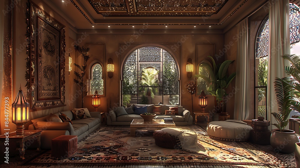 Obraz premium Sudanese living room. Sudan. Luxurious oriental-style living room with intricate design details and warm lighting evoking an inviting atmosphere.
