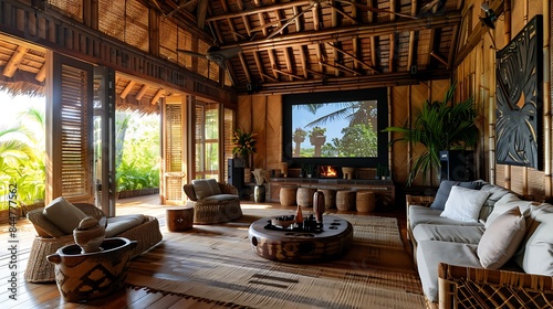 Tongan living room. Tonga. Luxury tropical living room with traditional design aesthetic and modern amenities in a resort setting.  photo