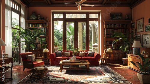 Trinidadian living room. Trinidad & Tobago. An elegant traditional living room with classic furniture and tropical outside view bathed in warm sunlight.  photo