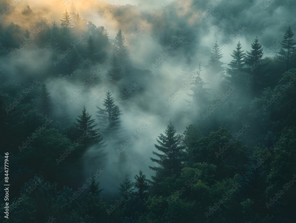 Ein ruhiges Waldszenario bei Morgendämmerung, mit Nebel, der aus den Bäumen aufsteigt, und der Sonne, die durchlugt, und eine magische Atmosphäre schafft. Ein ruhiges Waldszenario bei Morgendämmerung, mit Nebel, der aus den Bäumen aufsteigt, und der Sonne, die durchlugt, und eine magische Atmosphäre schafft.