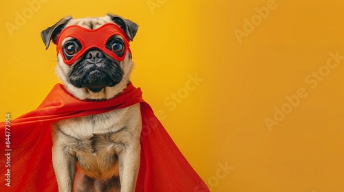 Adorable Pug Dressed as Superhero with Red Cape and Mask Against Bright Yellow Background, Perfect for Pet Lovers and Fun Themed Projects © owen