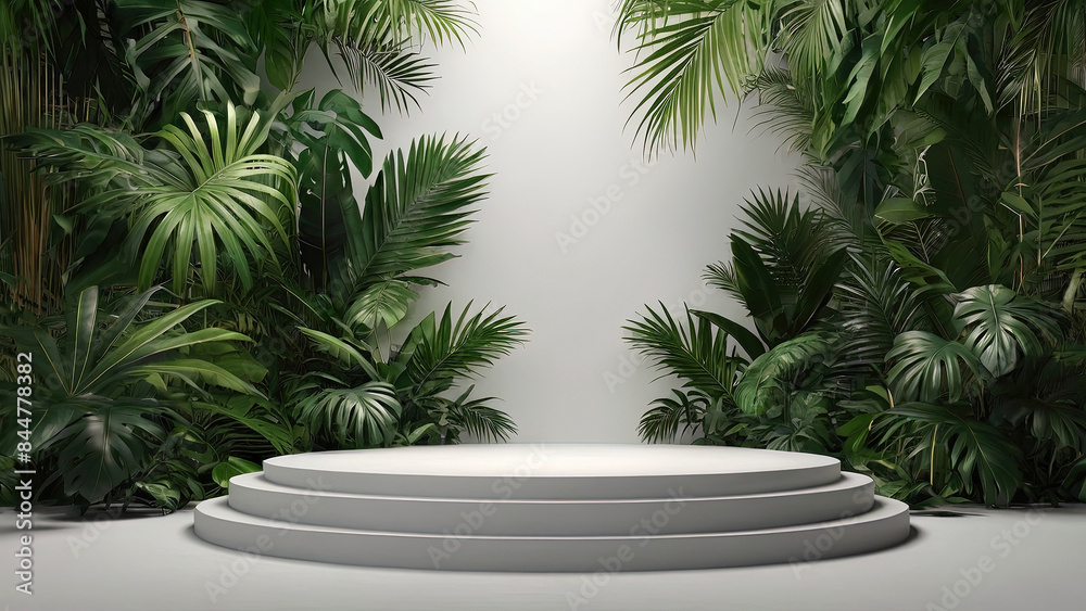 A white stone pedestal with palm leaves on the background, a stage for advertising products A white stone pedestal with palm leaves on the background, a stage for advertising products