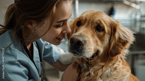 Smiling Veterinarian with Golden Retriever in Clinic - Happy Dog and Caring Vet Interaction in Veterinary Office - Animal Healthcare and Pet Care Concept photo