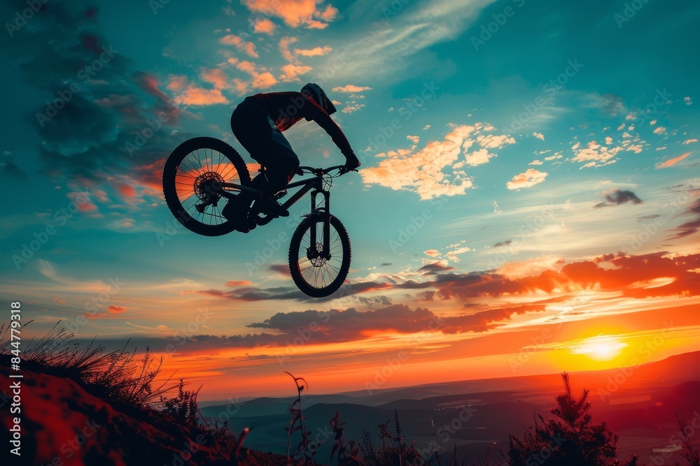 extreme sports athlete mid-air on a mountain bike, depicting the adventure and challenge of the sport with a stunning sunset backdrop extreme sports athlete mid-air on a mountain bike, depicting the adventure and challenge of the sport with a stunning sunset backdrop