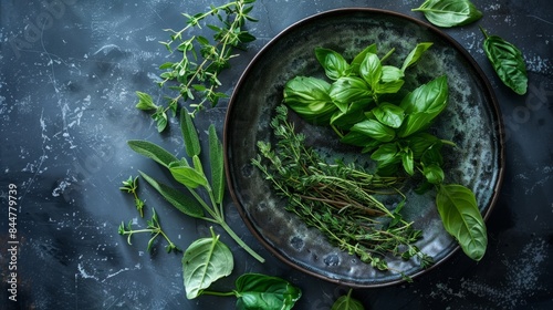 freshly cut herbs, with some loose leaves around the plate for a fresh touch generative ai