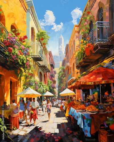 Colorful painting of a street in San Miguel de Allende, Mexico photo