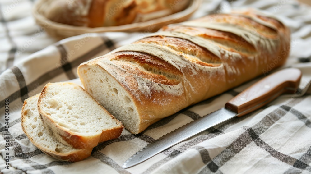 freshly baked bread on checkered tablecloth generative ai