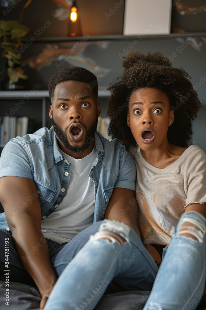 Obraz premium Diverse couple watching TV at home, showing surprise 