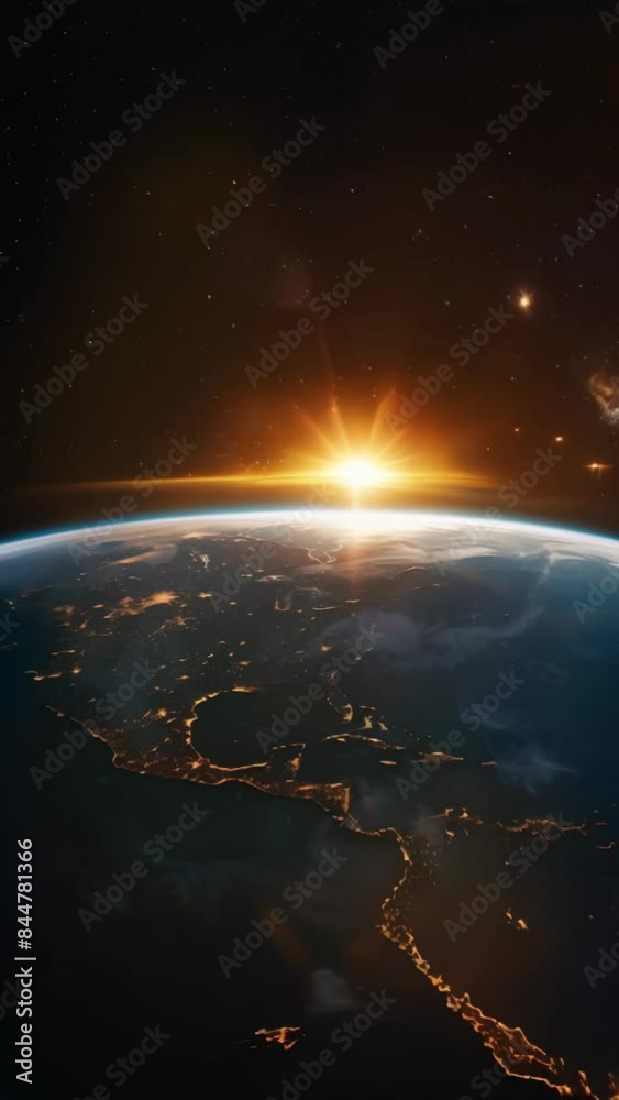 Sunrise over Earth from space with illuminated cities and stars. High ...