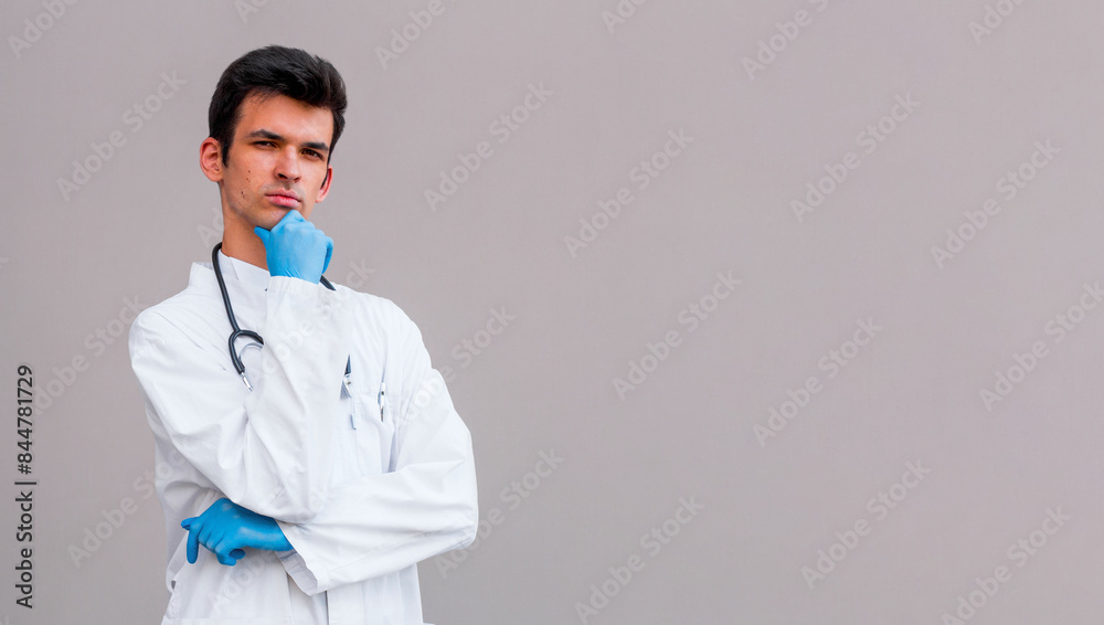 Image of doctor with stethoscope in medical gloves thinking, looking up with thoughtful face, standing over gray background Image of doctor with stethoscope in medical gloves thinking, looking up with thoughtful face, standing over gray background