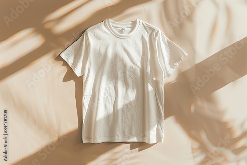Aesthetic t-shirt mockup on pastel beige background.