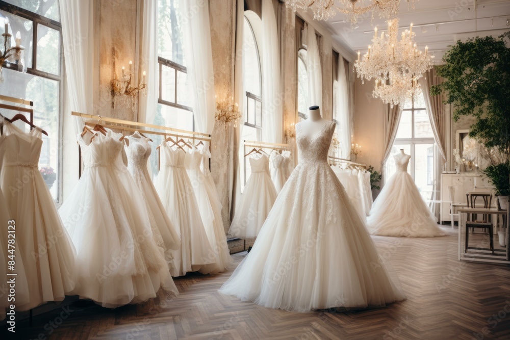 Luxurious wedding salon showcasing a collection of classic white bridal gowns in a chic, well-lit venue