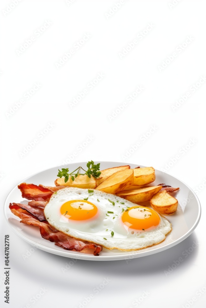 A plate of bacon, eggs, and potatoes A plate of bacon, eggs, and potatoes