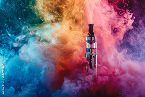Multicolored electronic cigarettes vape on dark background with smoke. High quality photo
