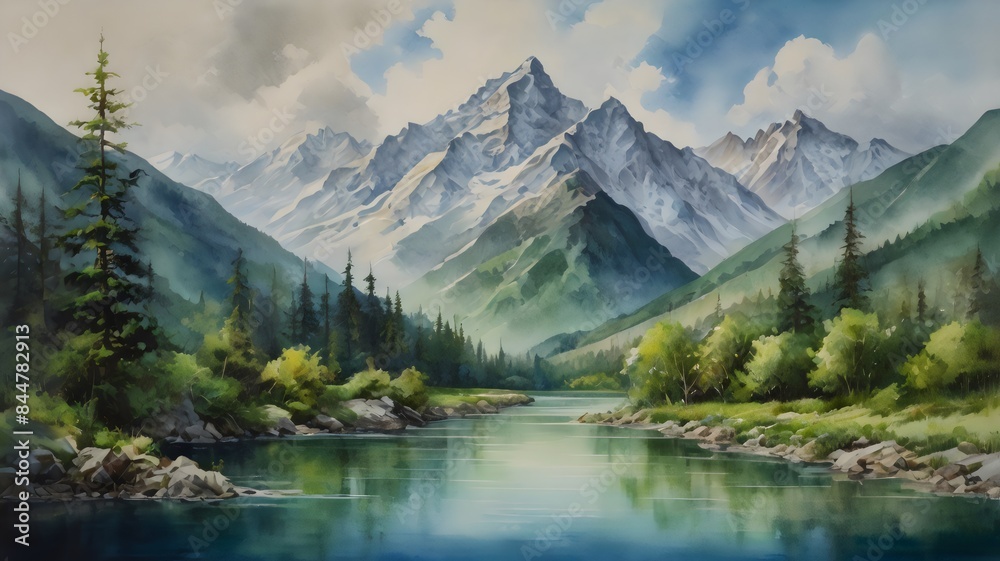 Fototapeta premium Mountain lake landscape illustration with reflection