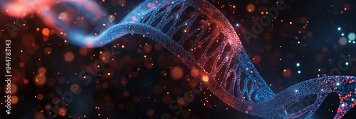Abstract futuristic DNA structure with glowing particles on dark background, digital rendering of double helix in blue and red colors photo