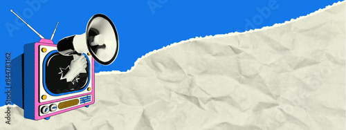 Horizontal advertising banner in retro collage style. A hand with a loudspeaker comes out of a vintage TV with a halftone effect, torn paper texture. Trendy banner with space for text.