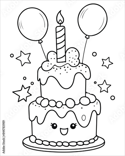 Birthday Cake Vector for coloring book, Birthday Cake Coloring Pages, cake illustration