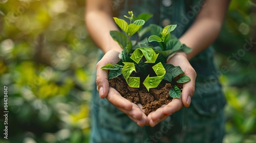 Hands Holding Soil with Green Plants and Recycling Symbol, Promoting Environmental Conservation and Sustainable Living
