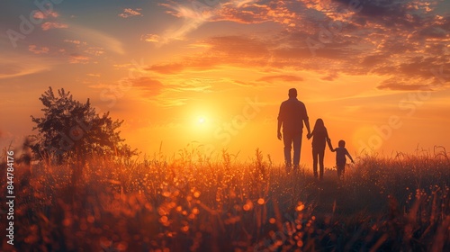 World Parents Day. Family day concept. Silhouettes father and son holding hand in hand on meadow autumn sunset background