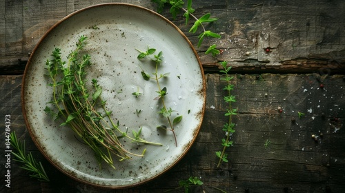 plate with some herbs scattered around it generative ai