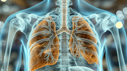 Detailed Human Respiratory System Anatomy Illustration with Transparent Body photo