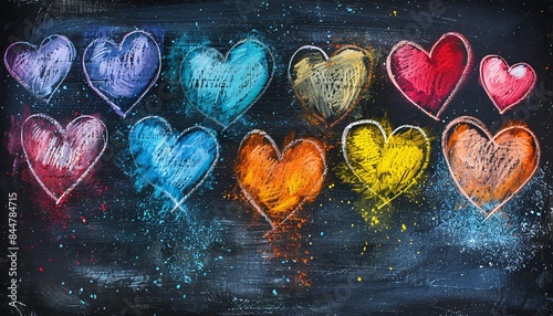 Colorful Chalk Hearts on Blackboard Background - Vibrant Hand-Drawn Heart Shapes in Various Colors - Artistic and Creative Love Symbol Illustration - Perfect for Valentine's Day and Romantic Themes