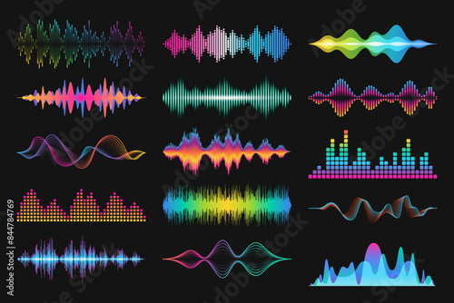 A set of colorful abstract audio visualizations on a black background. Various types of sound waves and equalizers in vibrant tones. Suitable for use in music projects, podcasts and other multimedia photo