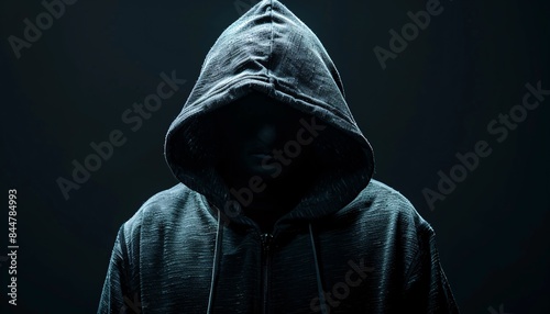 Mysterious Hooded Figure in Dark Hoodie with Dramatic Lighting and Shadowy Background for Conceptual and Artistic Use
