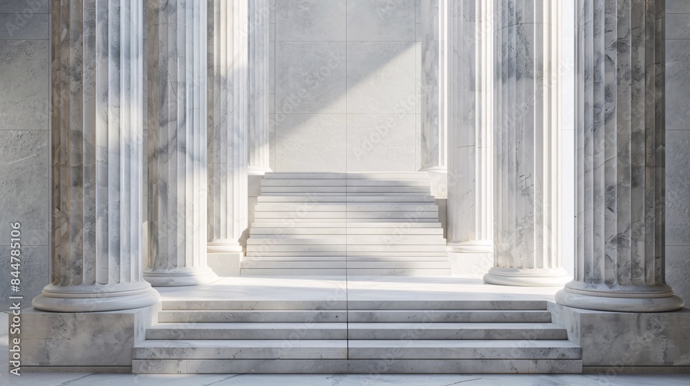 Elegant Marble Columns and Stairs in Sunlit Classical Architecture Interior with Shadows and Light Elegant Marble Columns and Stairs in Sunlit Classical Architecture Interior with Shadows and Light