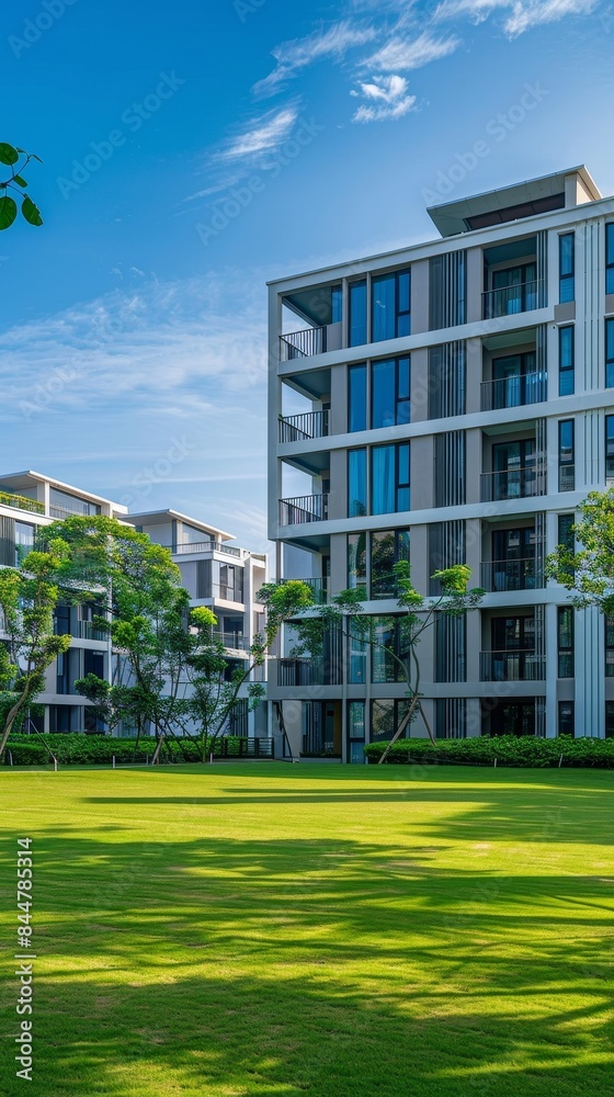 Serene Urban Oasis - Contemporary Homes with Lush Lawns under Blue Sky Serene Urban Oasis - Contemporary Homes with Lush Lawns under Blue Sky