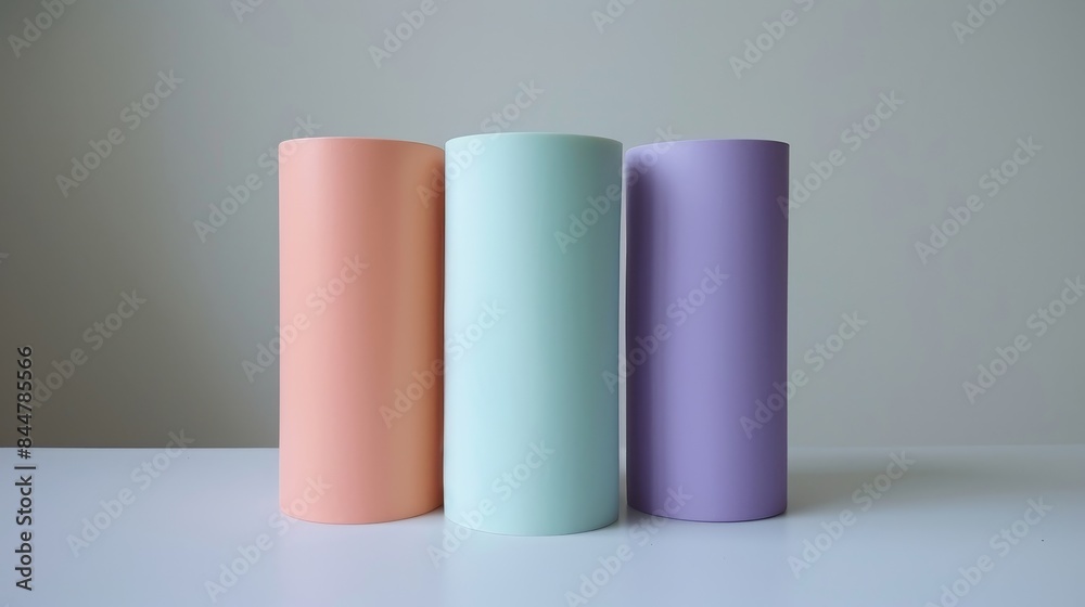 Three tall cylinders of different colors, one of which is pink Three tall cylinders of different colors, one of which is pink