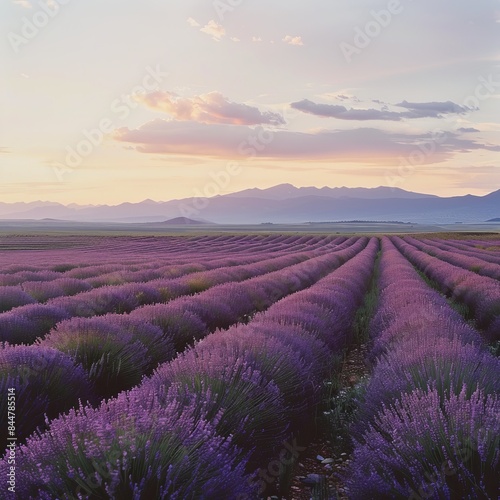 Serene Lavender Fields Against Majestic Mountains in the Distance