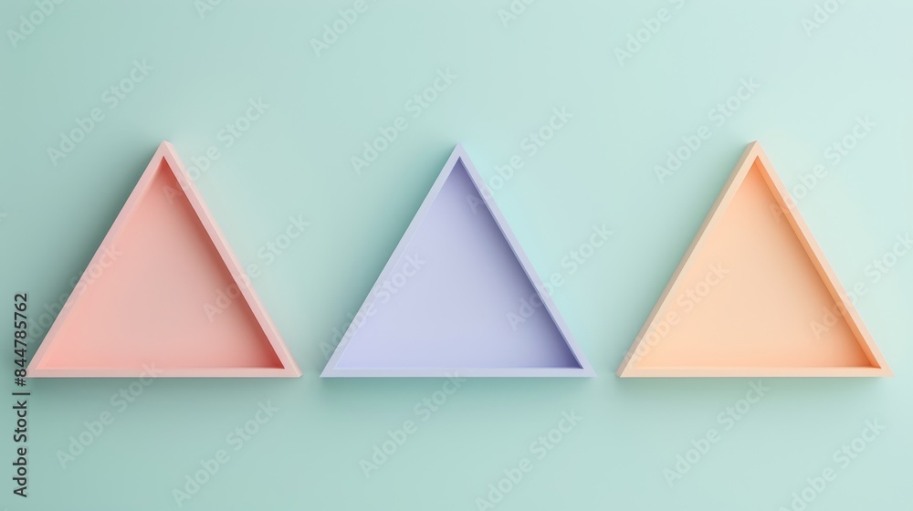 Three triangular shelves are displayed on a green wall Three triangular shelves are displayed on a green wall