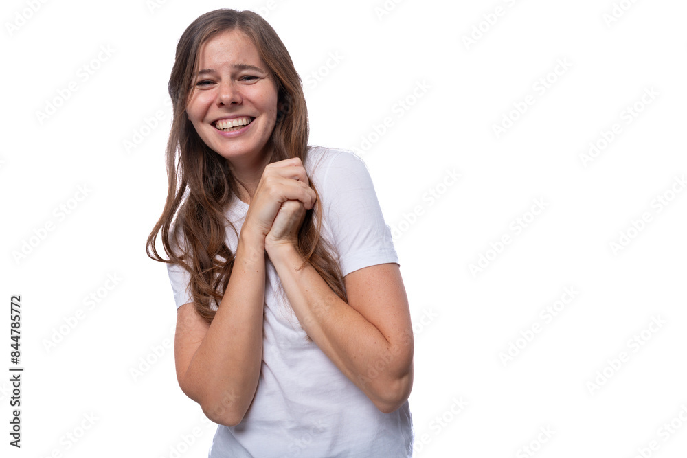 Young woman of European appearance laughs with open teeth Young woman of European appearance laughs with open teeth
