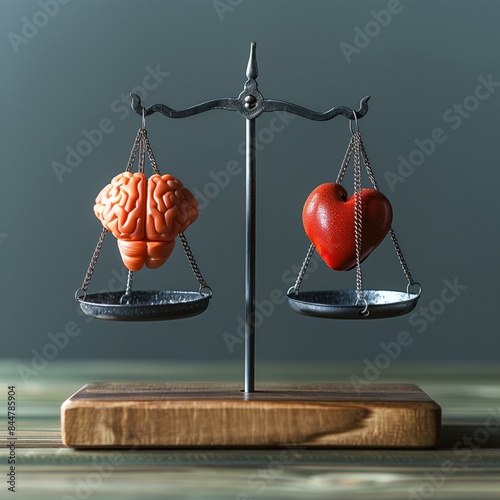 Balance scale with brain on one side heart on brain heavier suggests important heart, choice heavy emotion photo