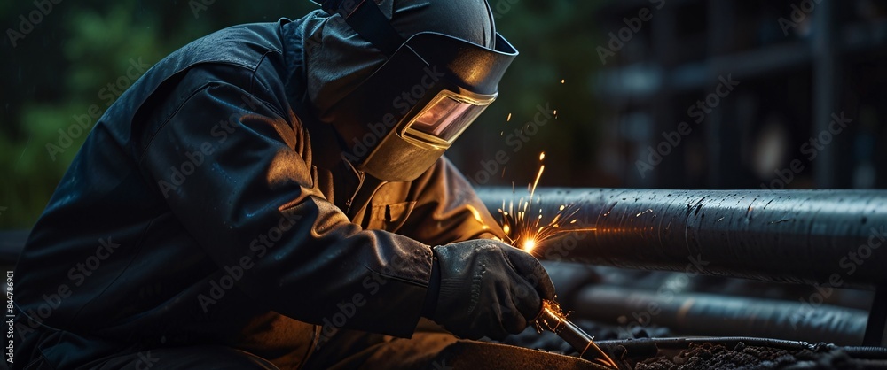 Skilled welder assembling durable pipelines for infrastructure project, well lit, but full of determination, the weather is cloudy but without rain, it is dark outside Skilled welder assembling durable pipelines for infrastructure project, well lit, but full of determination, the weather is cloudy but without rain, it is dark outside
