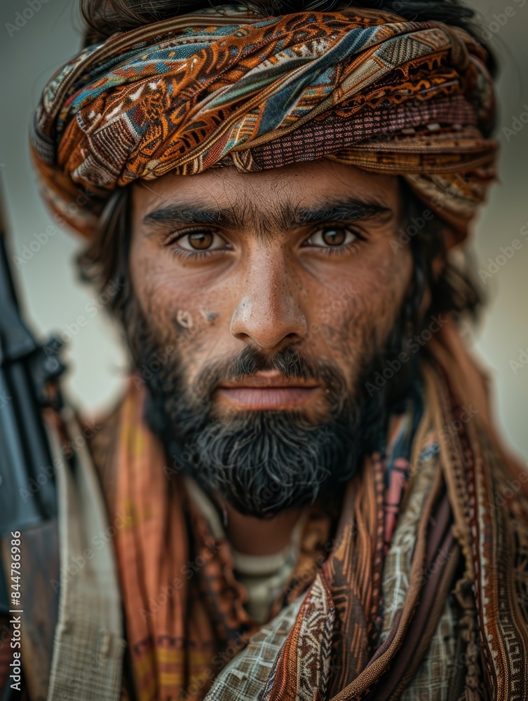 a man with a beard and turban holding a gun