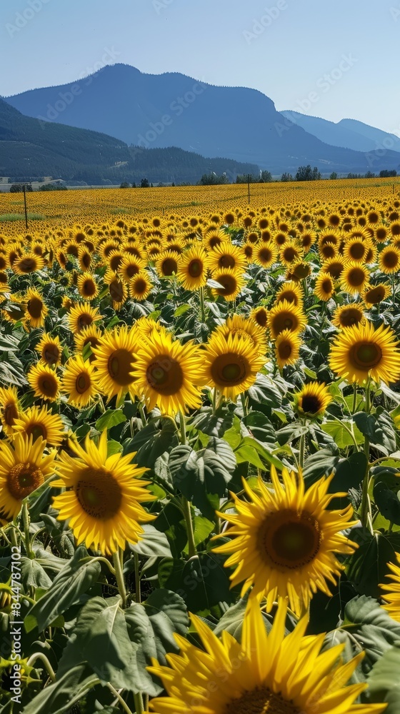 Fototapeta premium Serene Landscape of Endless Sunflower Fields with Majestic Mountains in the Background