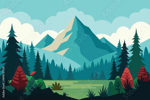 Beautiful landscape of coniferous forest with plants and shrubs. A magnificent forest clearing against the backdrop of stunning mountains vector illustration