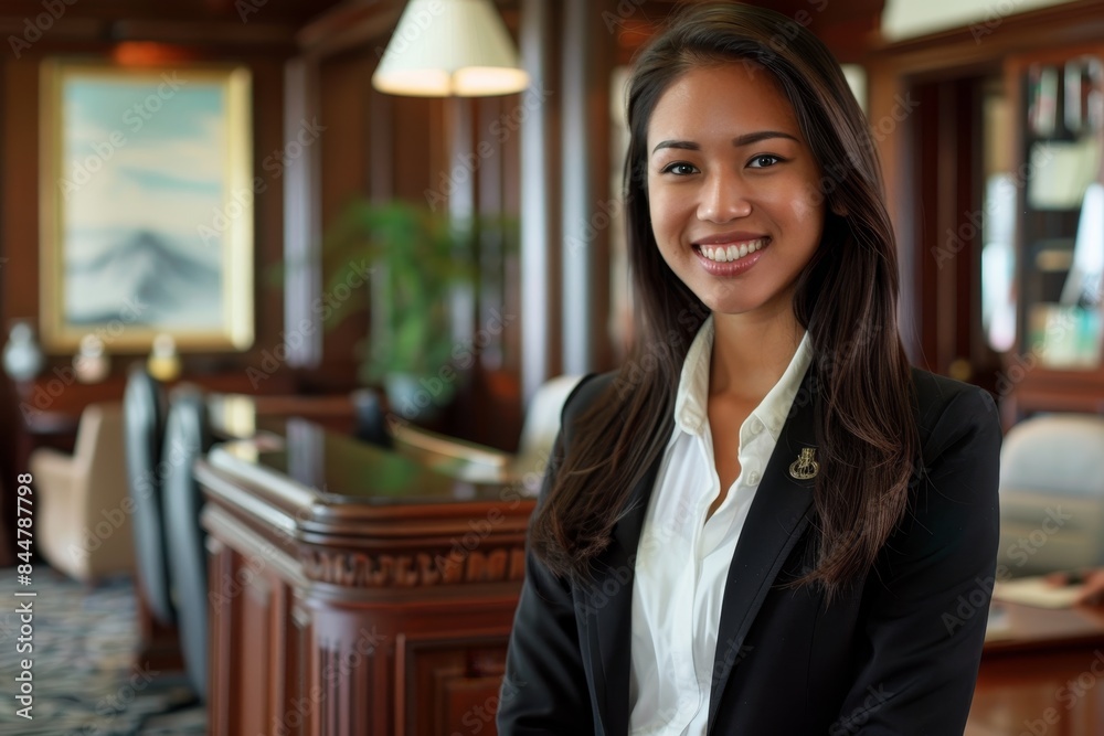 Fototapeta premium Confident Banking Professional Smiling at Camera in Modern Office Setting