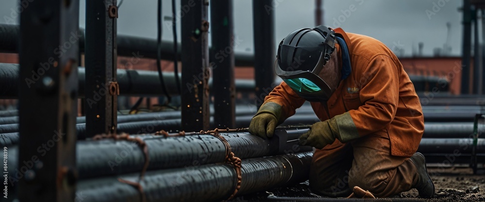 Skilled welder assembling durable pipelines for infrastructure project, well lit, but full of determination, the weather is cloudy but without rain, it is dark outside Skilled welder assembling durable pipelines for infrastructure project, well lit, but full of determination, the weather is cloudy but without rain, it is dark outside