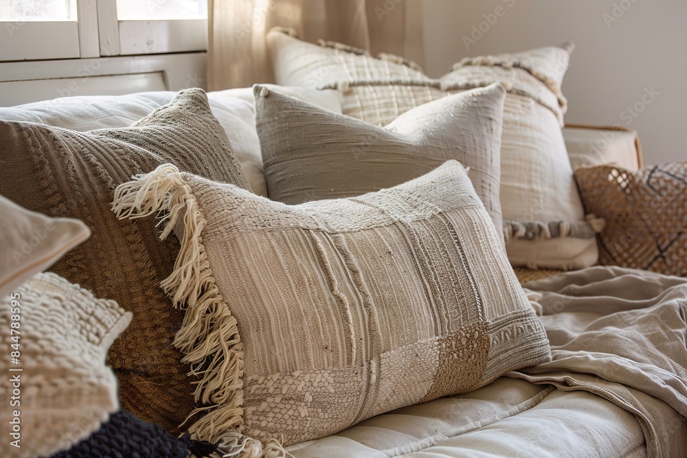 Cozy bedroom corner with a pile of decorative knitted pillows and a warm throw blanket. Cozy bedroom corner with a pile of decorative knitted pillows and a warm throw blanket.