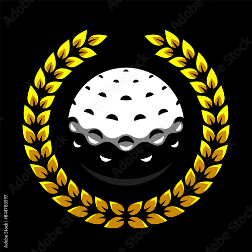 Golf ball and laurel wreath. Sport games logo. Sporting equipment. Emblem, badge.