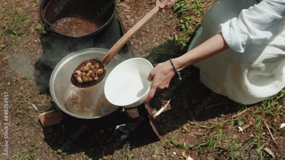 Woman with a spoon mixes empty shells from garden snails in a saucepan, which are cooked for cleaning in boiling water. The process of cooking a gourmet dish. French cuisine. Close-up.
Woman with a spoon mixes empty shells from garden snails in a saucepan, which are cooked for cleaning in boiling water. The process of cooking a gourmet dish. French cuisine. Close-up.