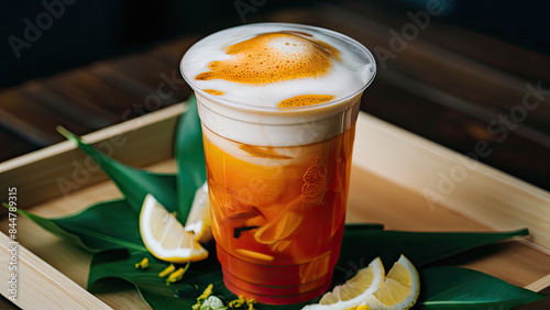 Thai tea, tall, plastic glass, no cover