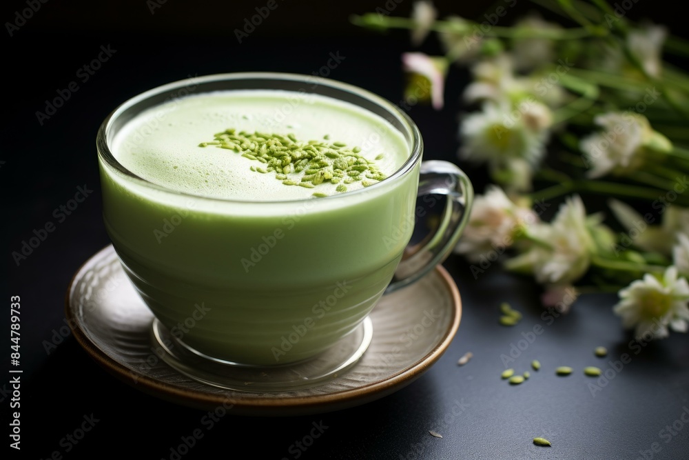Refreshing cup of matcha tea garnished with seeds, on a saucer, accompanied by white flowers Refreshing cup of matcha tea garnished with seeds, on a saucer, accompanied by white flowers